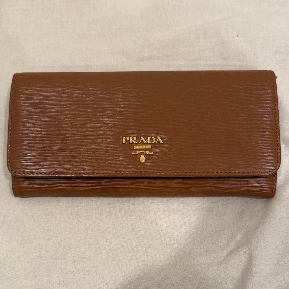Prada Brown Leather Continental Wallet with Gold Logo